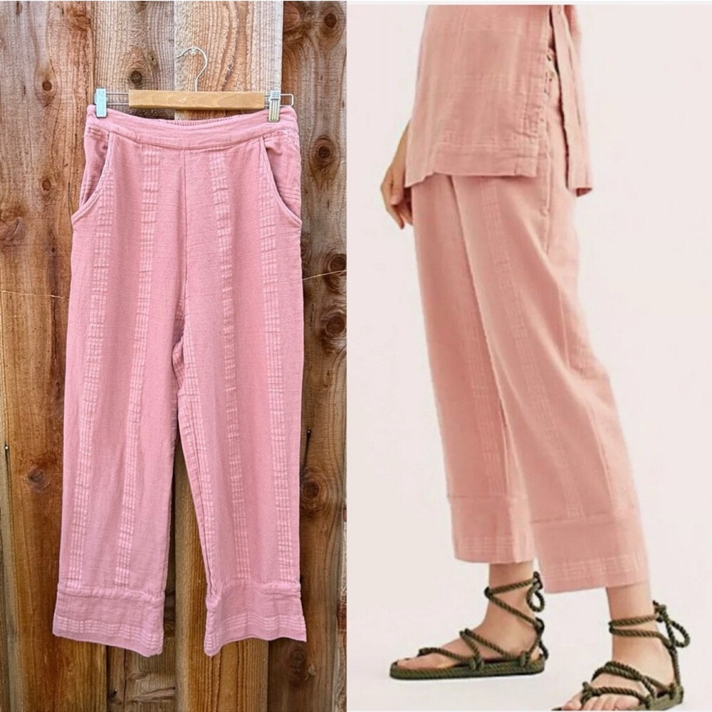 Free People Dusty Pink Cotton/Linen High-Rise Wide Leg Pants 🌿